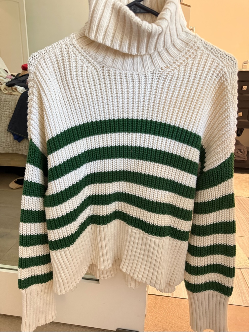 Madewell Cream and Green Striped Turtleneck Sweater